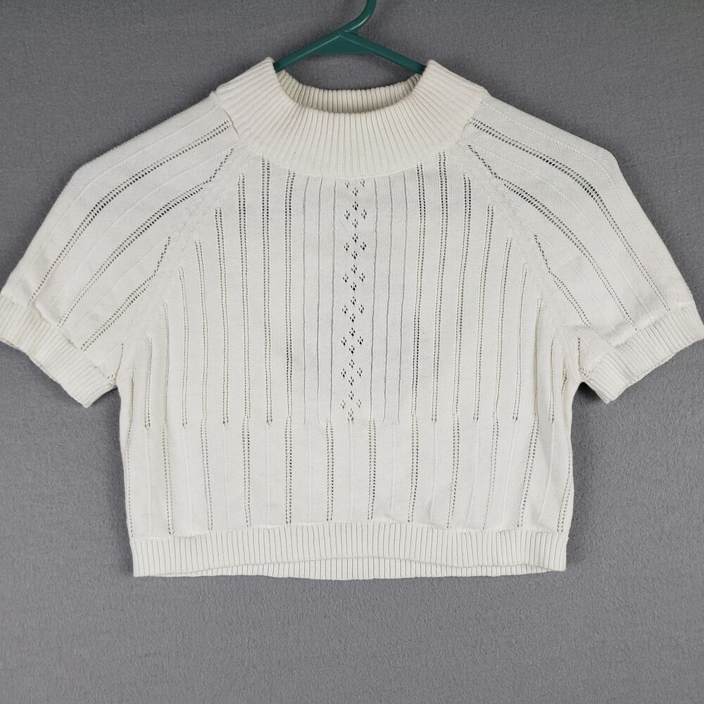 En:semble Size‎ S Mock Neck Pointelle Knit Crop Sweater White Open Back Coquette